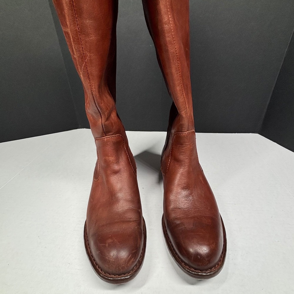 Born Brown‎ Leather Tall Riding Boots Womens 9M Cognac Plaid Lined F71062 EUC - Picture 3 of 12